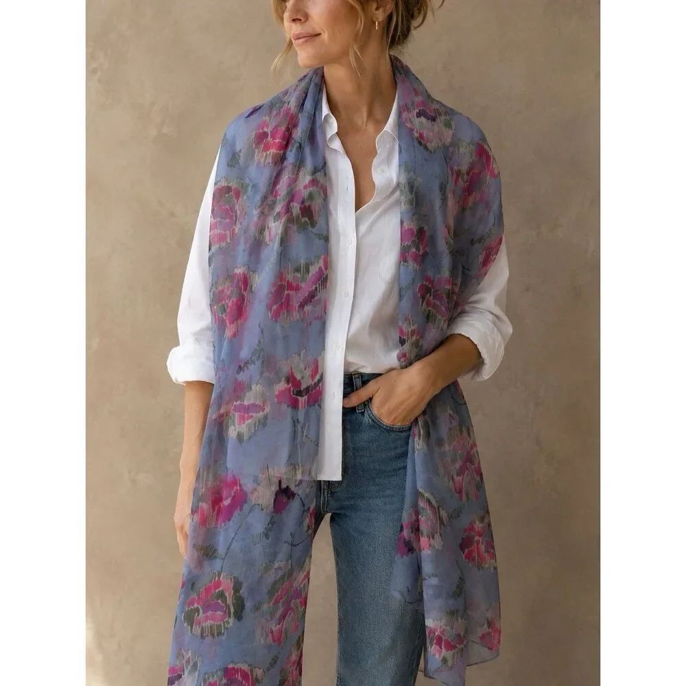LOFT Floral Lightweight Oblong Scarf Blue Pink Watercolor Print Wrap Shawl